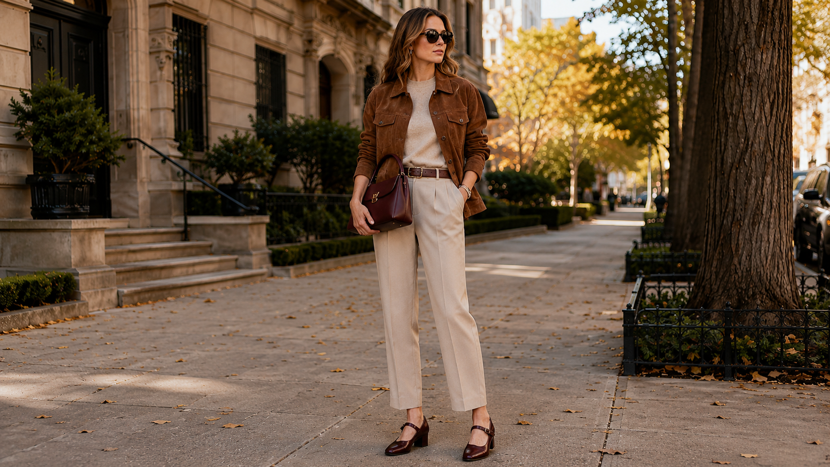 Warm Caramel Suede Jacket with Burgundy Leather Handbag and Mary Janes Fall Outfit